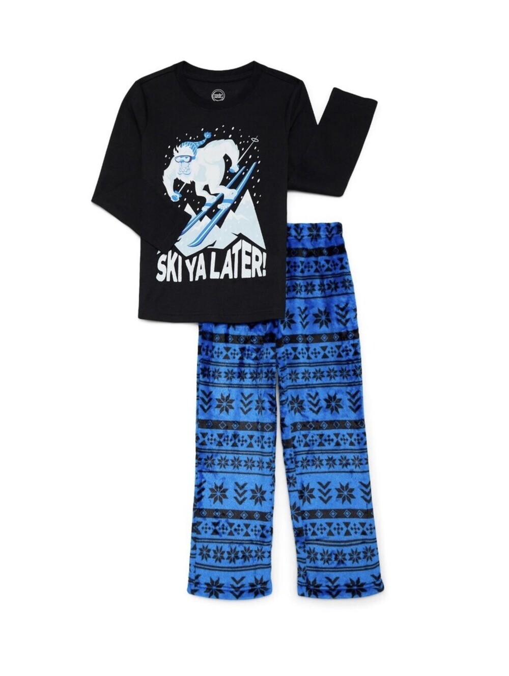NWT Long Sleeve Top Blue Print Pant Sleep Set SKI YA LATER Youth Size 10/12 Snug